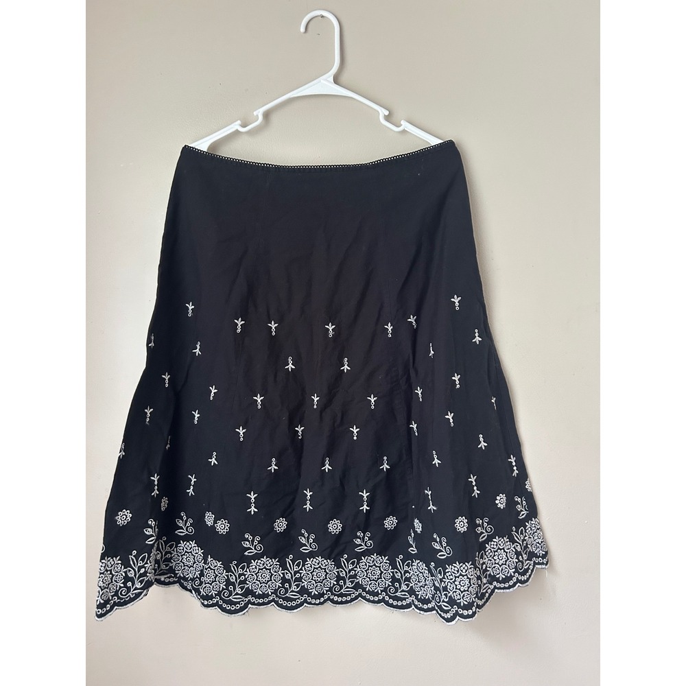 Black Embroidered Skirt Notations Cotton‎ A-Line Floral Applique Women's L Large